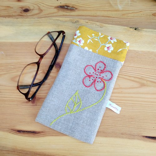 Etui à lunettes en lin "fleur orange"