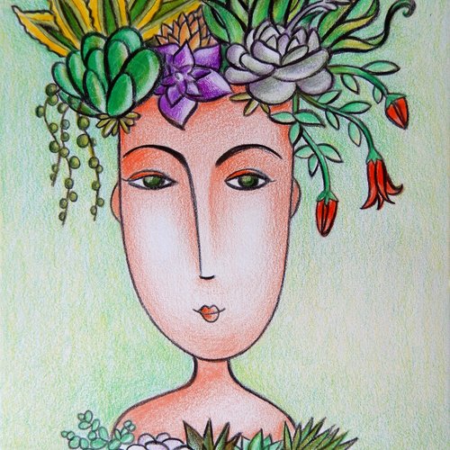 Dessin Original Portrait De Femme Coifee De Fruits Crayons Couleurs Visage Femme Et Plantes Format A5 14 8cm X 21cm Un Grand Marche