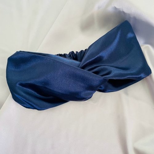 Headband bandeau cheveux torsadé en satin bleu nuit