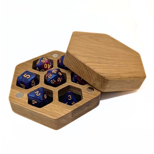 Boite à dés en bois hexagonale - 7 dés jdr