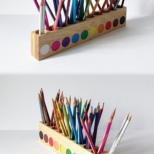 Pot à crayon montessori, couleurs des deux côtés, organiser son bureau, ses crayons
