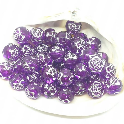 Lot de 10 perles en acryliques en fleur violettes