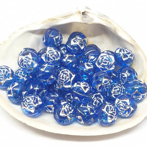 Lot de 10 perles en acryliques en fleur bleu roi