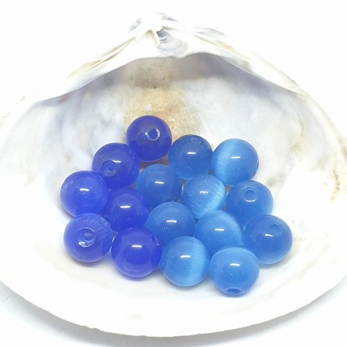 Lot de 16 perles en verres oeil de chat bleu
