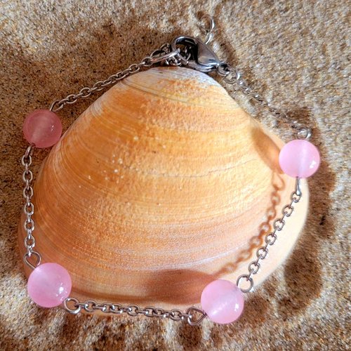 Bracelet en acier 4 perles quartz rose