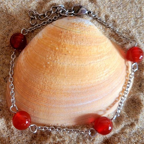 Bracelet en acier 4 perles agate rouge