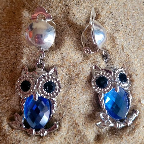 Boucles d'oreilles à clip chouette cristal bleu