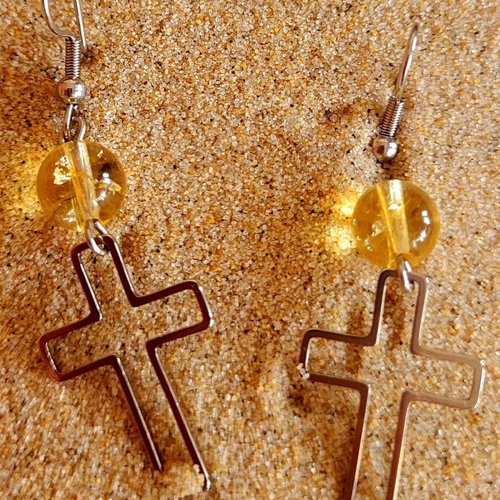 Boucles d'oreilles acier croix et citrine