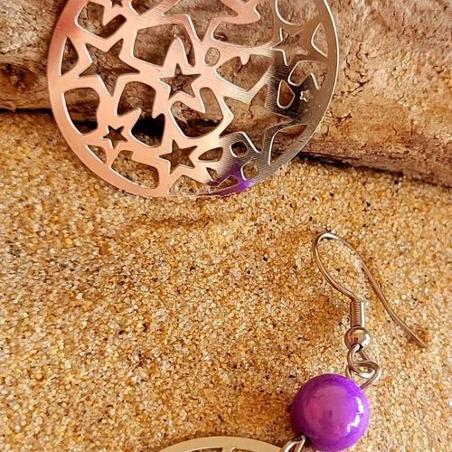 Boucles d'oreilles acier rond étoile violet