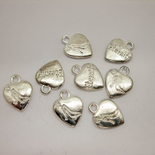 8 breloques pendentifs "coeur" réversibles en métal argenté