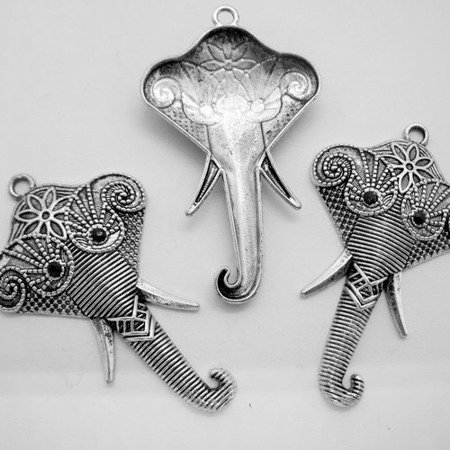 3 grandes breloques "éléphant" en métal argenté