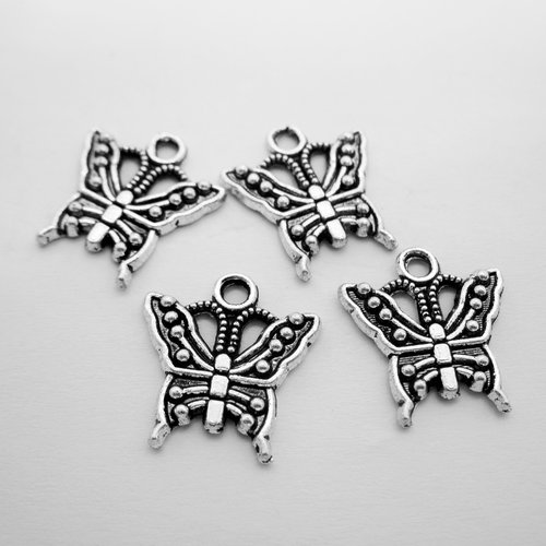 Lot de 4 breloques "papillon" en métal argenté