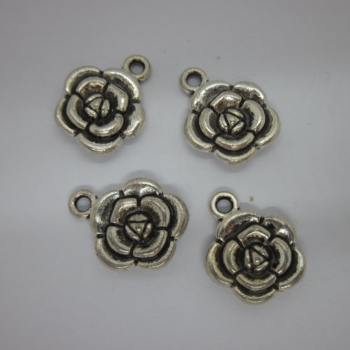 4 breloques "fleur" en métal argenté réversibles