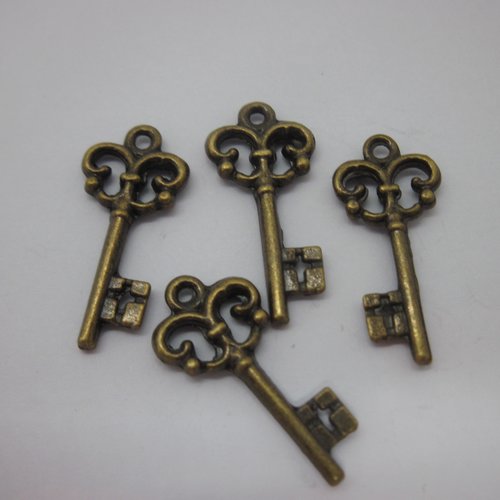 4 breloques "clef" en métal couleur bronze réversible