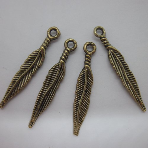 4 breloques pendentif "plume" en métal couleur bronze réversible