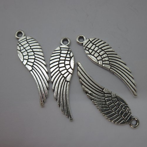 4 breloques "aile d'oiseau ange" en métal argenté réversibles