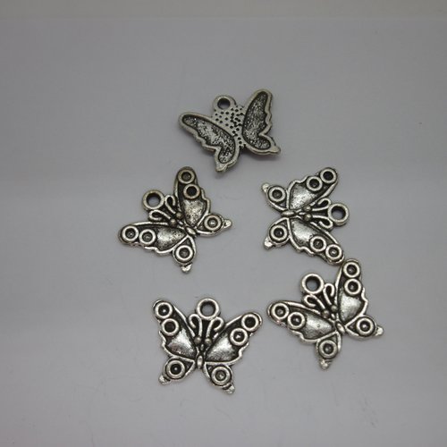 5 breloques "papillon" en métal argenté