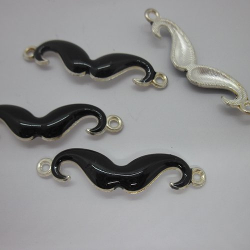 4 breloques-connecteurs "moustache noire" en métal argenté
