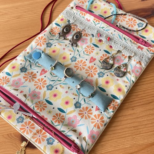 Trousse, pochette à bijoux, de voyage, tissu, coton, multicolore, fleurs, cadeau, femme, fille