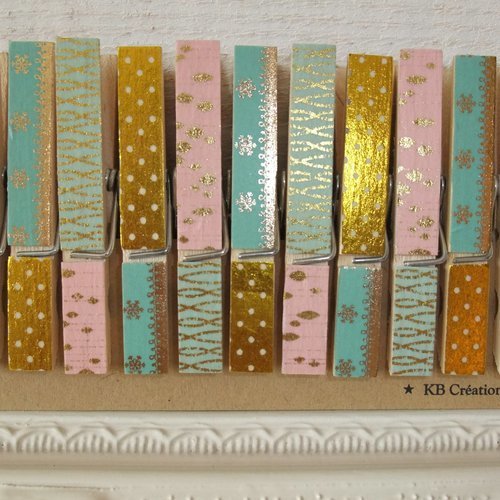 11 pinces à linges décorées (n°60) rose/ vert / or
