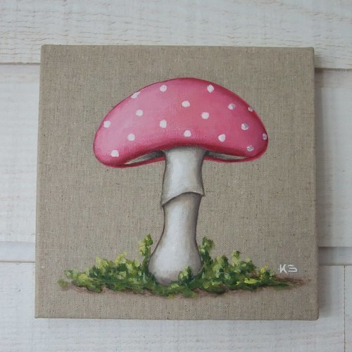 Tableau peinture lin champignon rose (n°2)