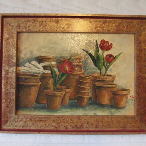 Tableau peinture tulipe & pots en terre