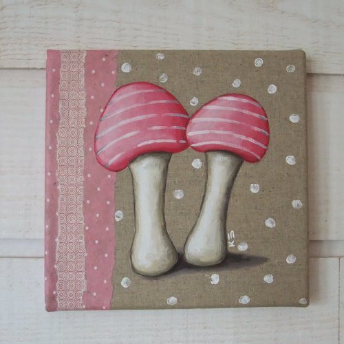 Tableau peinture lin champignon rose (n°1)