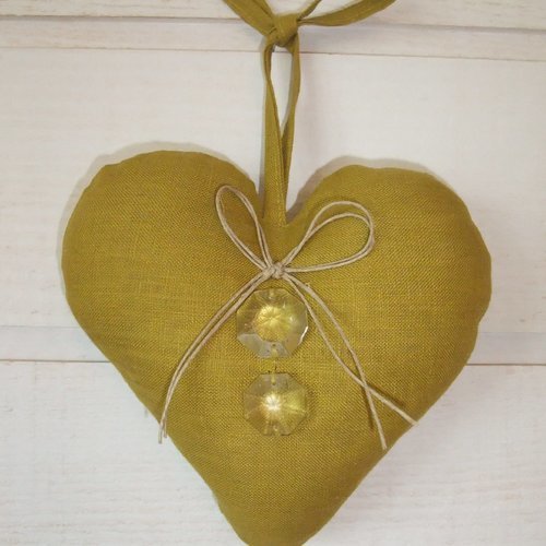 Coeur coussin de porte lin vert anis (n°24) pampilles