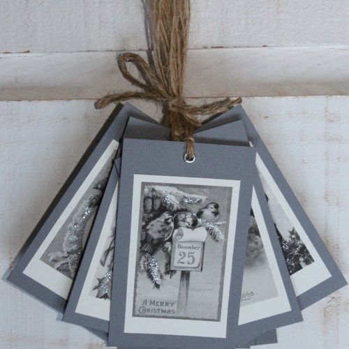Lot de 10 étiquettes noël (n°6) vintage / gris