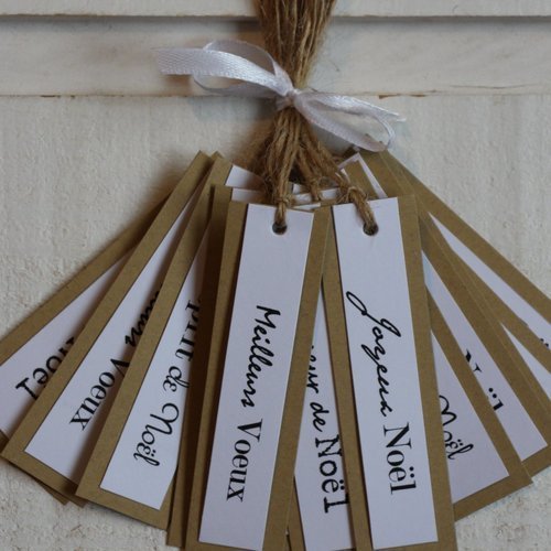 Lot de 15 étiquettes allongées noël kraft/blanc