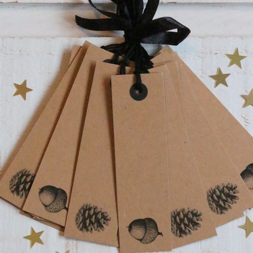 Lot de 16  étiquettes allongées noël kraft (gland & pomme de pin)