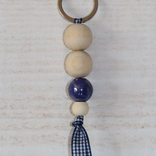Porte-clés perles bois et céramique (bleu)