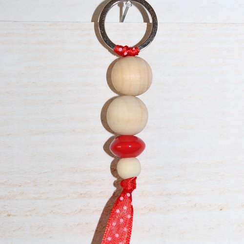 Porte-clés perles bois et perle céramique (rouge à pois)
