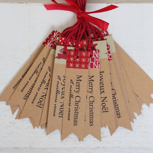 Lot de 20 étiquettes allongées noël kraft/rouge (n°5)