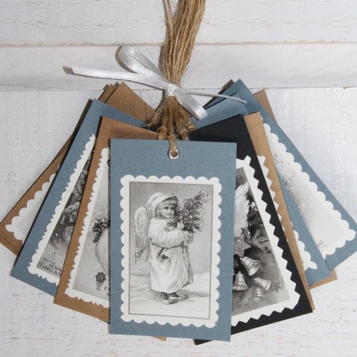 Lot de 12 étiquettes noël vintage (n°9) (mixte kraft, noir, bleu/gris)