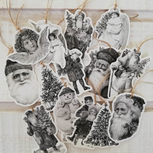Lot de 14 étiquettes noël (n°1) vintage / noir & blanc