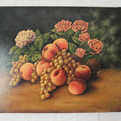 Tableau peinture nature morte (fruits et fleurs)