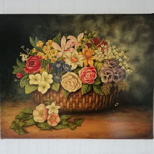 Tableau peinture nature morte (panier de fleurs)