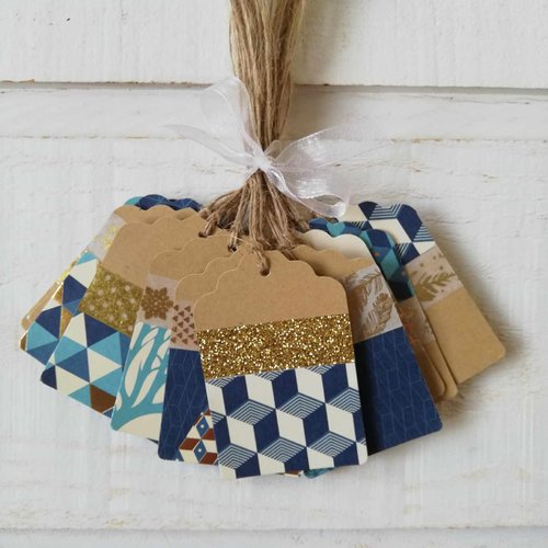 Lot de 20 étiquettes (kraft / bleu / or)