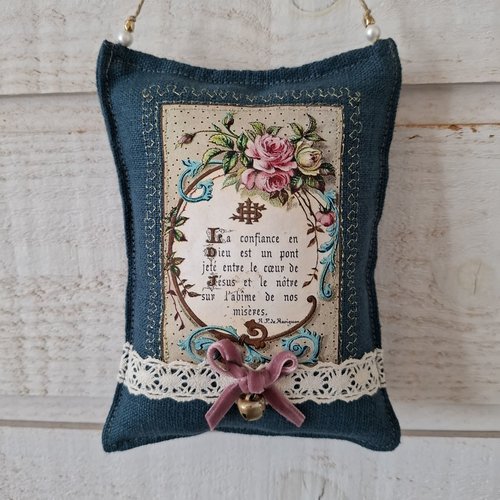 Coussin de porte ex voto (n°2) lin bleu