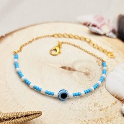 Bracelet demi-lune mauvais œil – bracelet fin porte-bonheur – bijou bohème bleu – série limitée