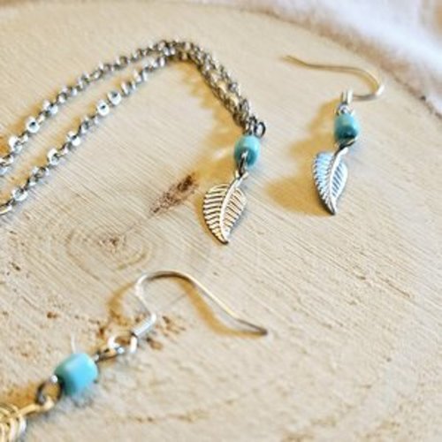 Collier feuille et perle bleue - bijou bohème nature - mini série