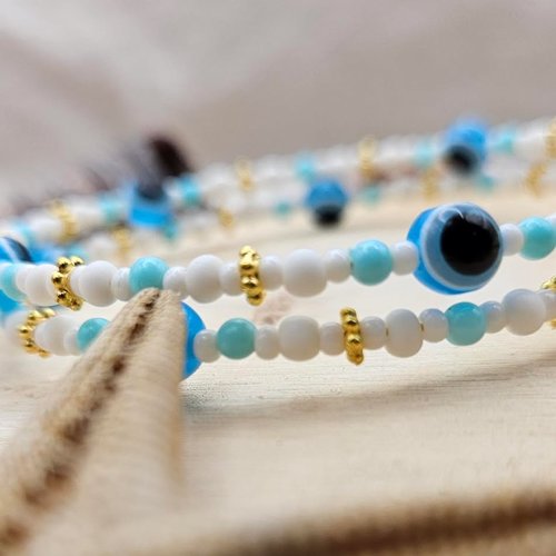 Bracelet mémoire de forme 2 tours – collection été – bracelet mauvais œil bleu et blanc – mini série