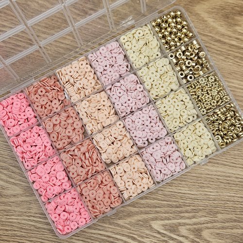 Boîte de perles en pâte polymère – rose & doré – perles heishi – création bijoux diy