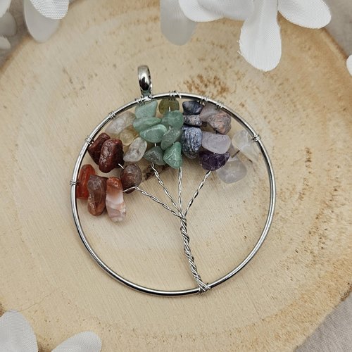 Pendentif arbre de vie rond argent mat – pierres naturelles – fourniture bijoux