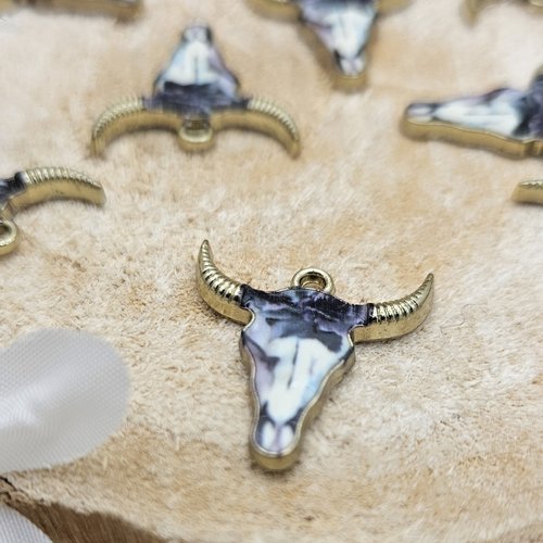 Breloque tête de buffle émaillée – doré multicolore – fourniture bijoux bohème