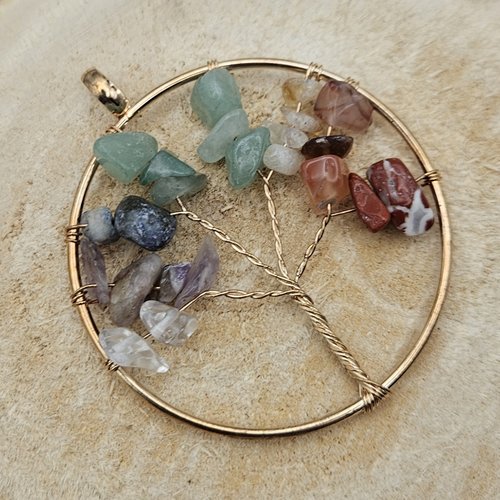 Pendentif arbre de vie doré – pierres naturelles – fourniture bijoux