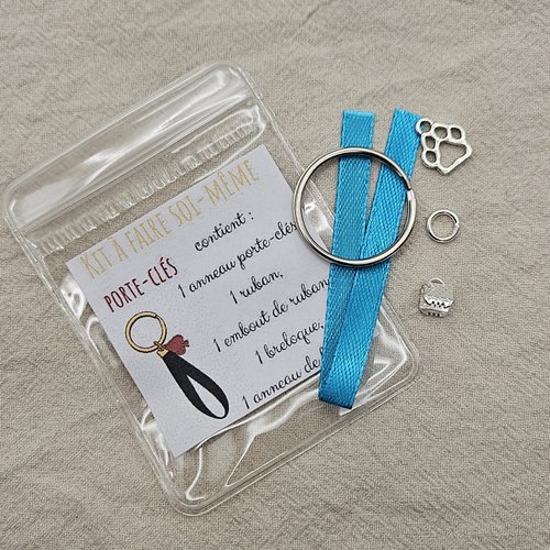 Kit diy porte-clés ruban bleu & patte – à faire soi-même – création facile – idée cadeau