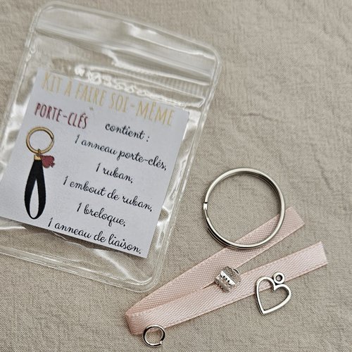 Kit diy porte-clés ruban rose & cœur – à faire soi-même – création facile – idée cadeau créatif