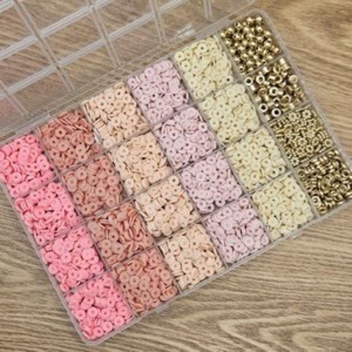 Boîte de perles en pâte polymère – rose & doré – perles heishi – création bijoux diy